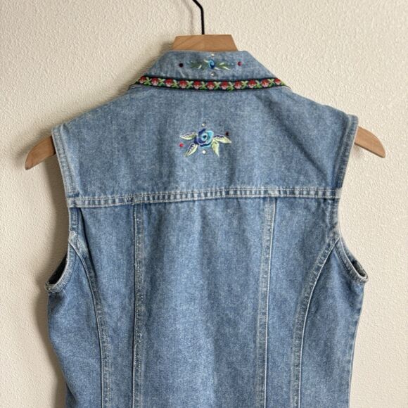 Vtg Y2K Bill Blass Vest Womens Small Blue Embroidered Festival Boho Hippie Denim - Picture 8 of 16